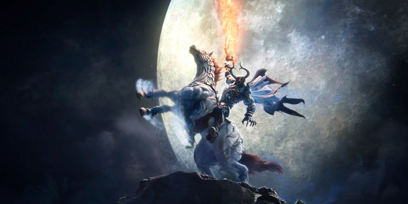 Odin em cima de seu cavalo enquanto ergue uma espada flamejante na frente da lua em Crisis Core FF7 Reunion.