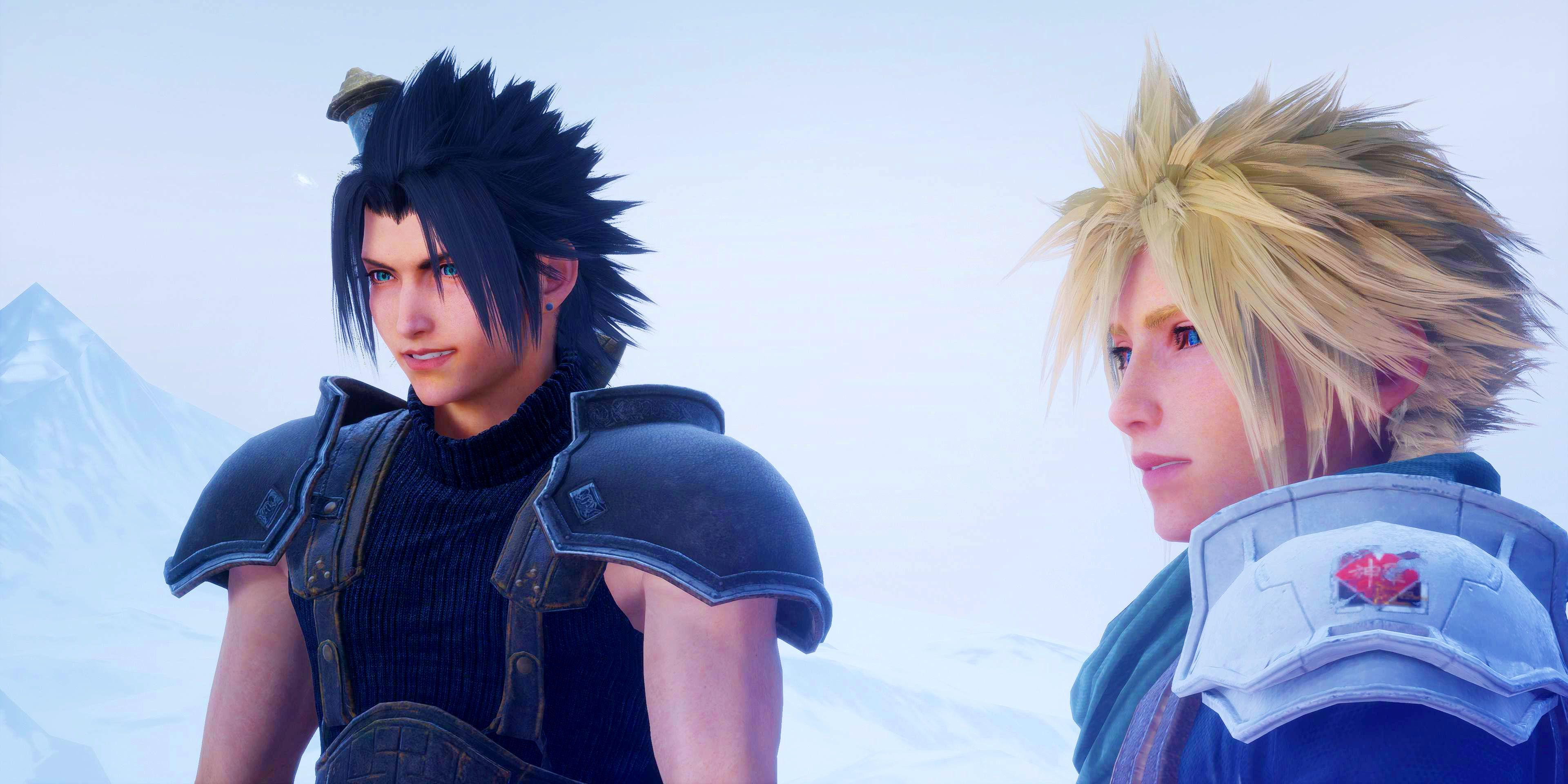 Zack et Cloud dans une zone enneigée dans Crisis Core: Final Fantasy 7 Reunion.