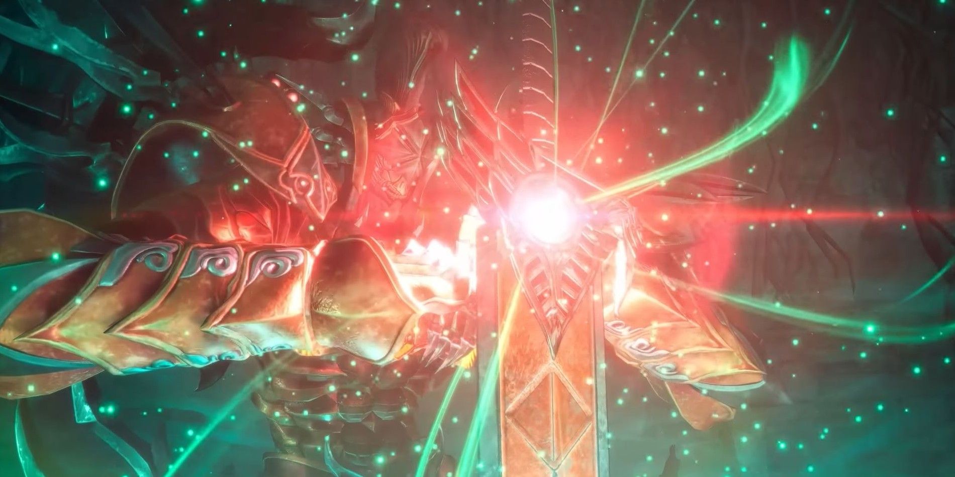 Screenshot of the Genesis Avatar boss fight in Crisis Core: Final Fantasy 7 - Reunion. An armored figure wields a sword emitting red and green beams.