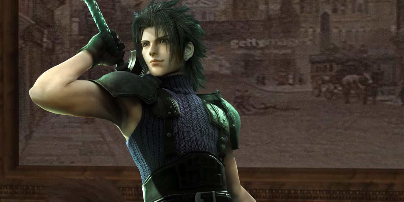Cover art of Zack Fair from Crisis Core: Final Fantasy 7 - Reunion pasted in front of a painting from the game which includes the Getty Images watermark.