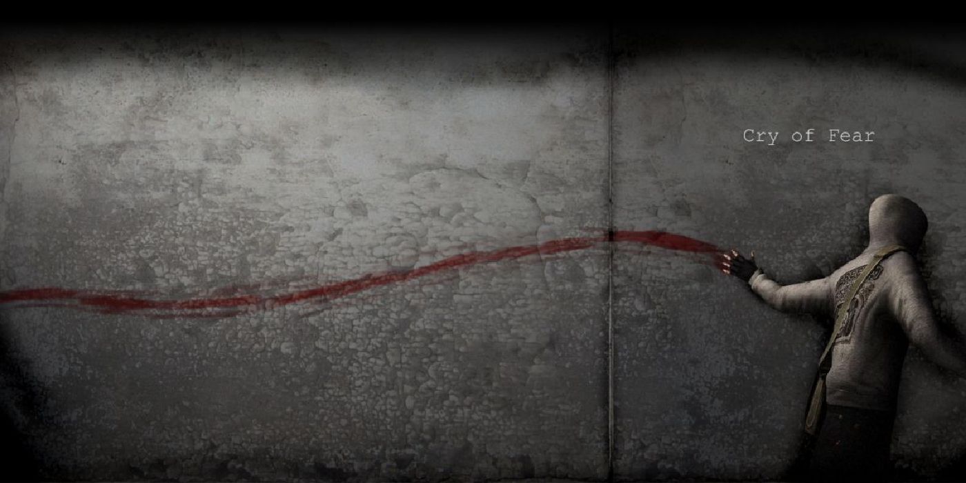A mysterious figure drags a bloodstained hand against a gray wall, leaving a trail of blood behind