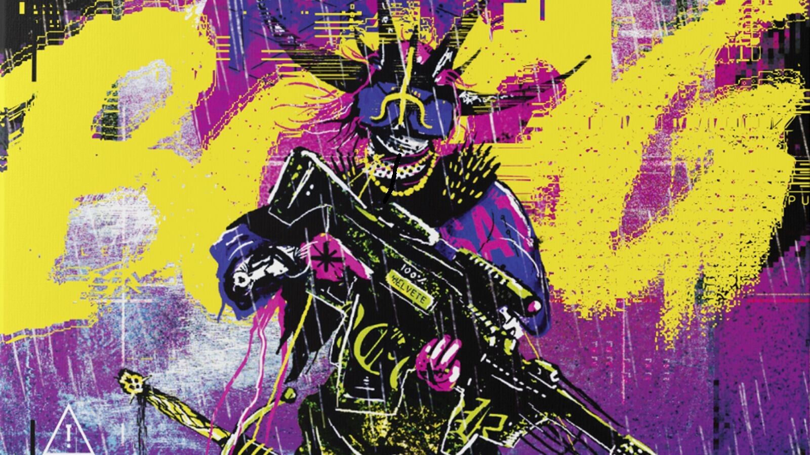 Arte Cy_Borg com cores roxas e amarelas brilhantes mostrando um personagem cyberpunk estilizado segurando uma arma.