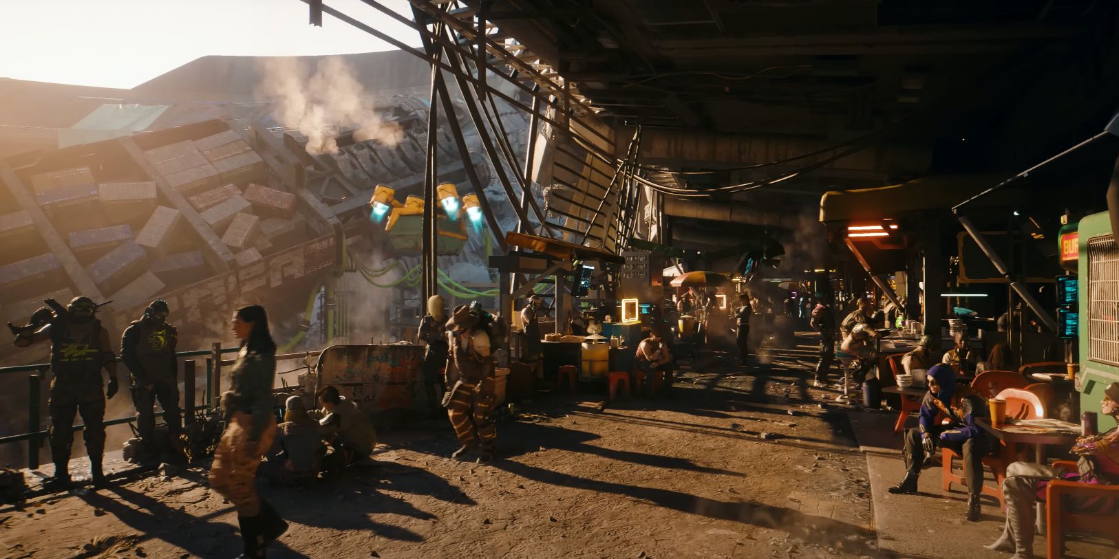 A shot of a busy street in Dogtown, the location of Cyberpunk 2077's Phantom Liberty DLC.