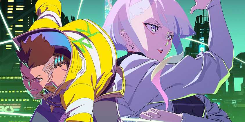 David and Lucy from Cyberpunk Edgerunners standing back to back