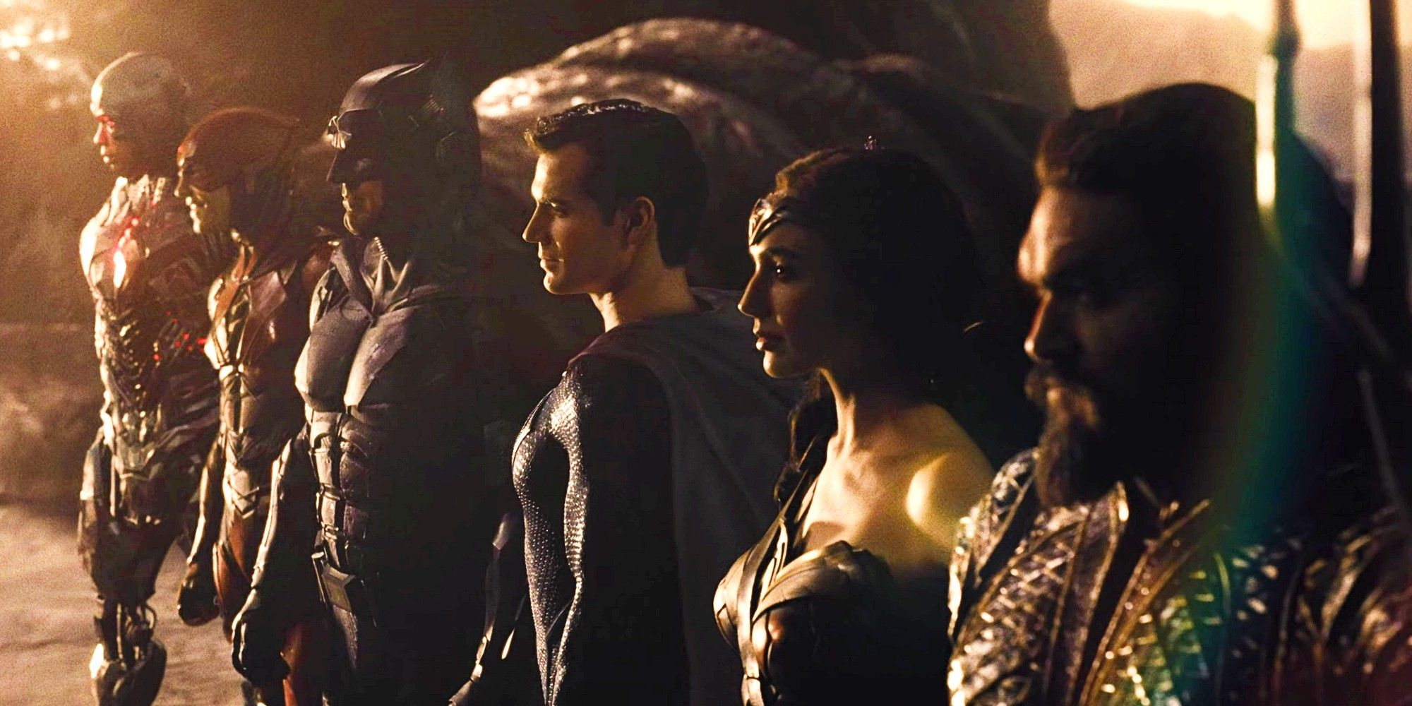 Cyborg, The Flash, Batman, Superman, Wonder Woman and Aquaman stand together after the final battle in Zack Snyder's Justice League