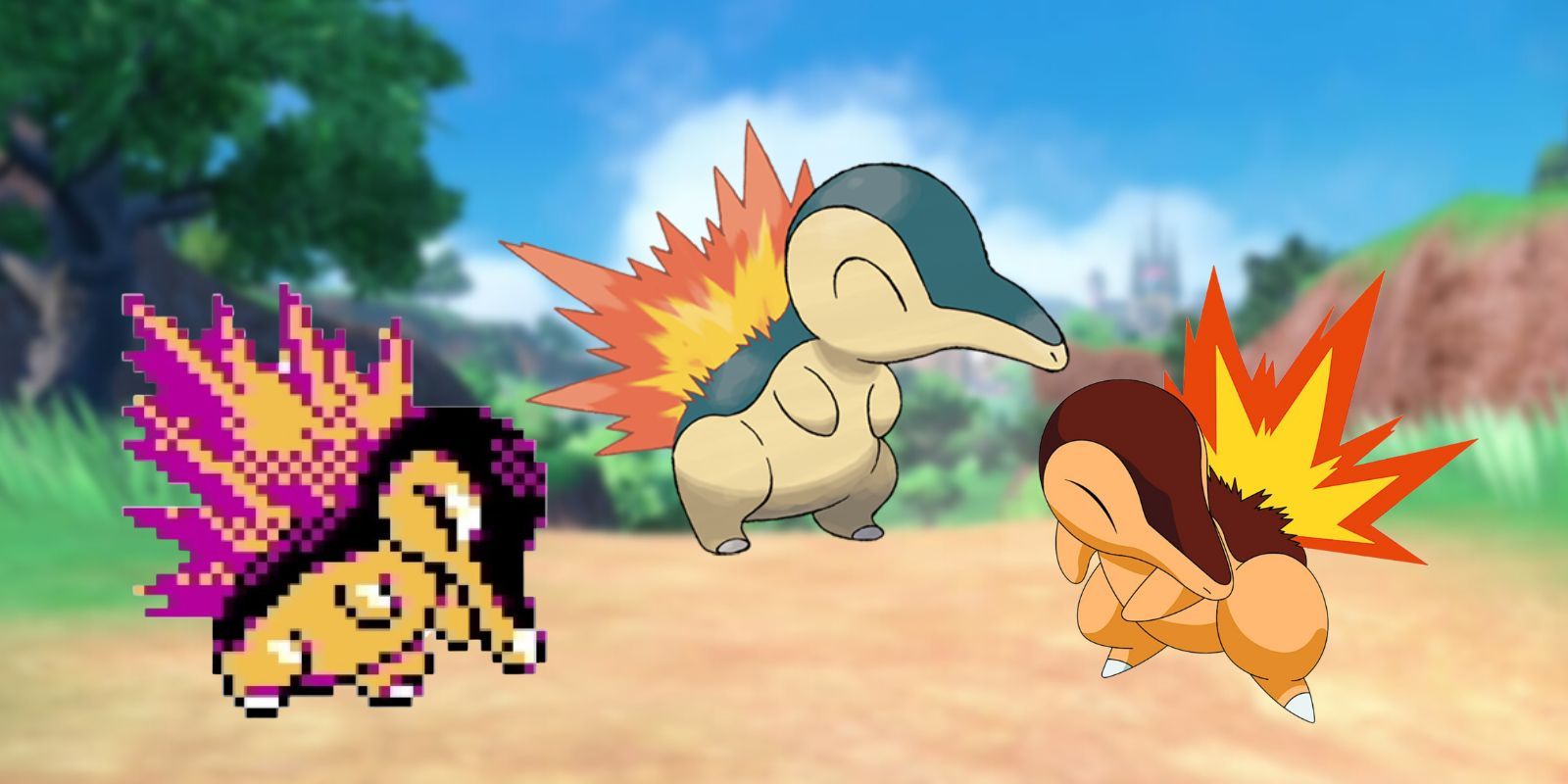 Normal Cyndaquil flanked by the Gen 2 shiny and the current shiny versions