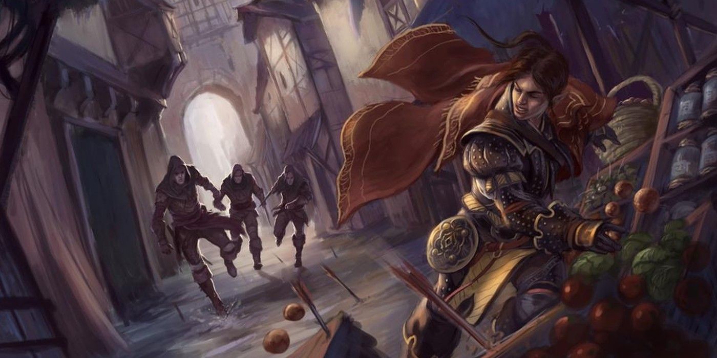 A character fleeing from pursuing guards in Dungeons & Dragons art.