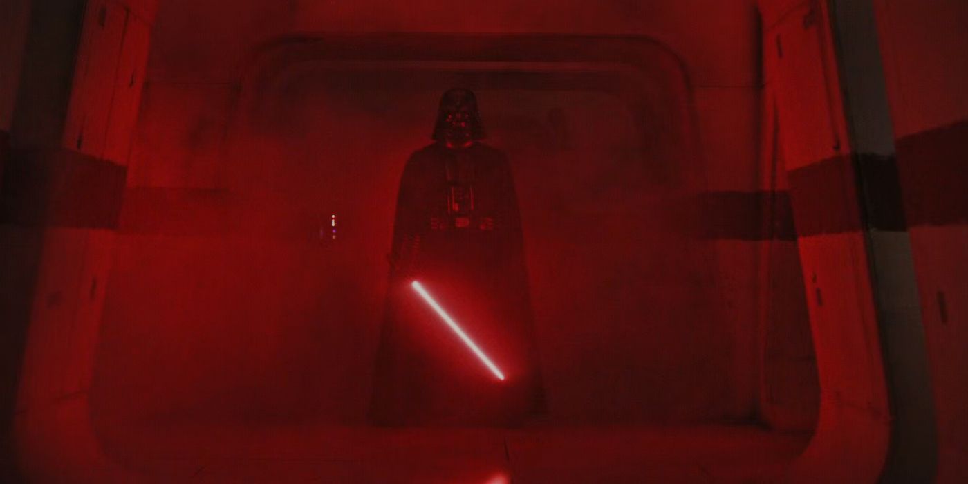 Darth Vader holding his lightsaber in Rogue One: A Star Wars Story.