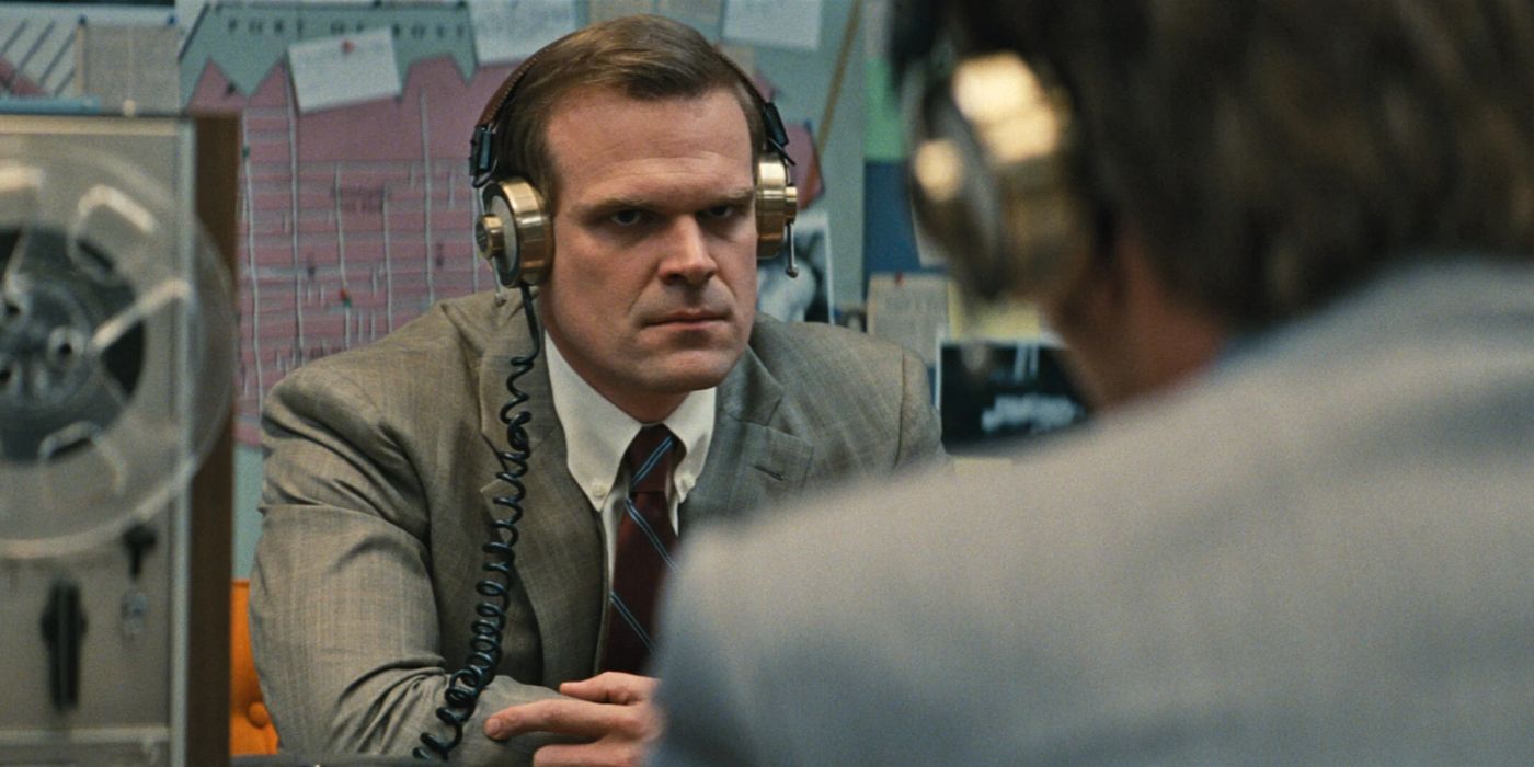 David Harbour listening to tapes in Black Mass