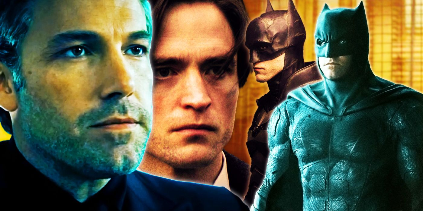 Collage of Ben Affleck and Robert Pattinson as Batman.