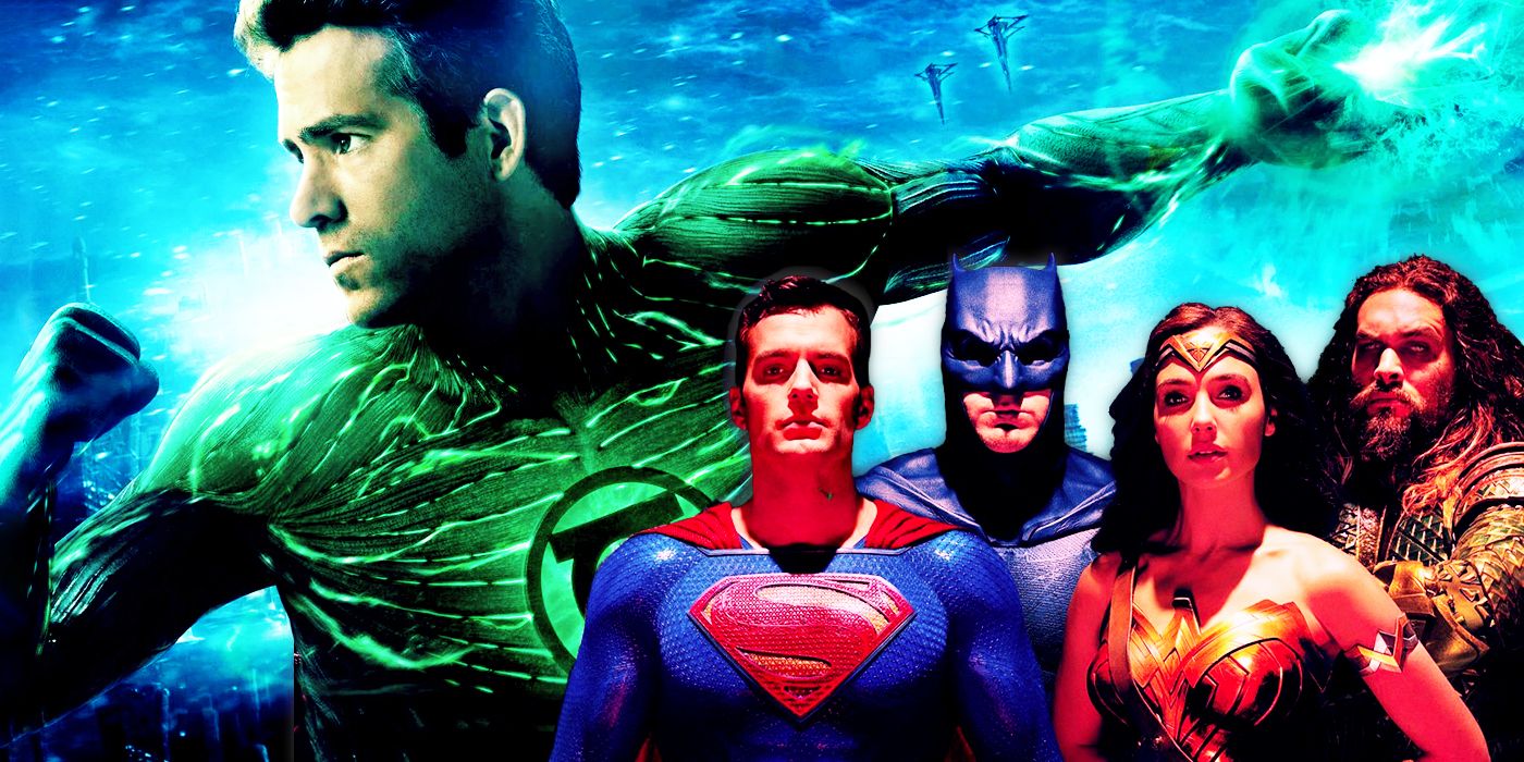 Ryan Reynolds' Green Lantern poses behind the DCU's Justice League