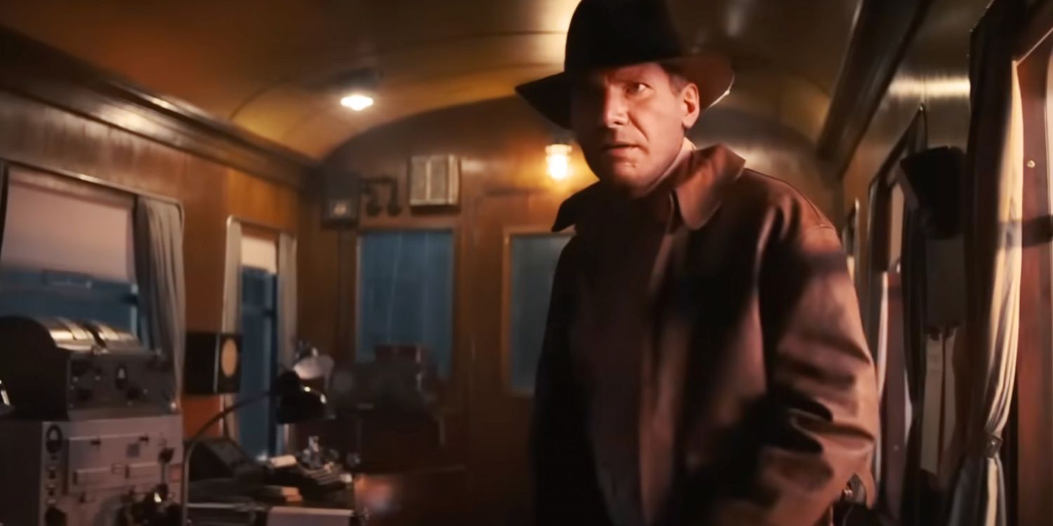 Indiana Jones envelhecido em Dial of Destiny em um trem