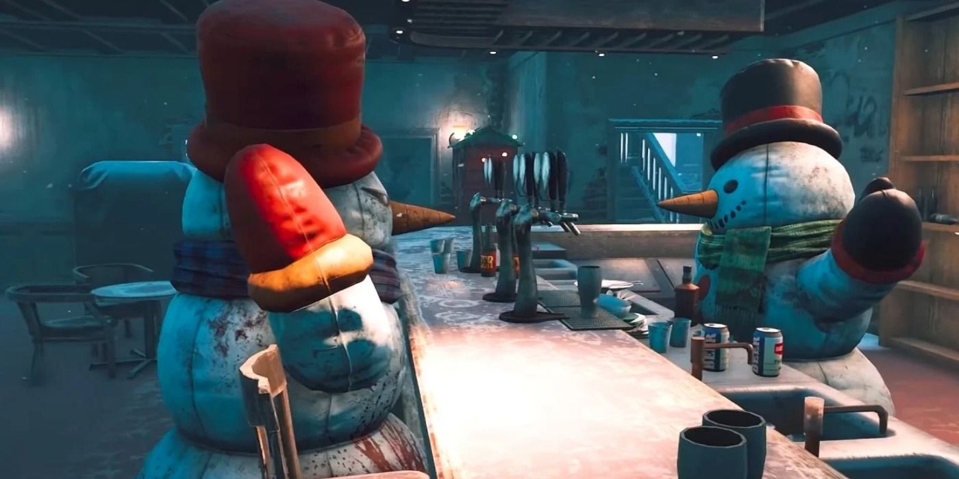 Dead by Daylight two terrifying human sized snowman covered in blood stand either side of the bar