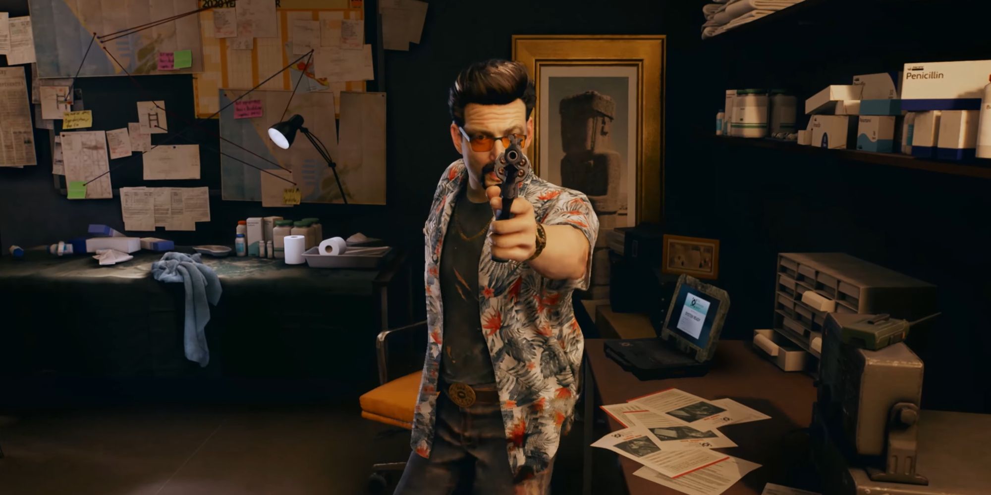An NPC from Dead Island 2 pointing a revolver at the player.