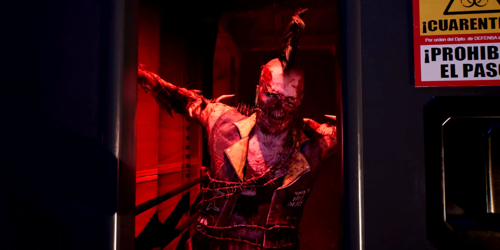 Um zumbi em Dead Island 2 vestido como um punk, com colete de couro e pregos de liberdade.