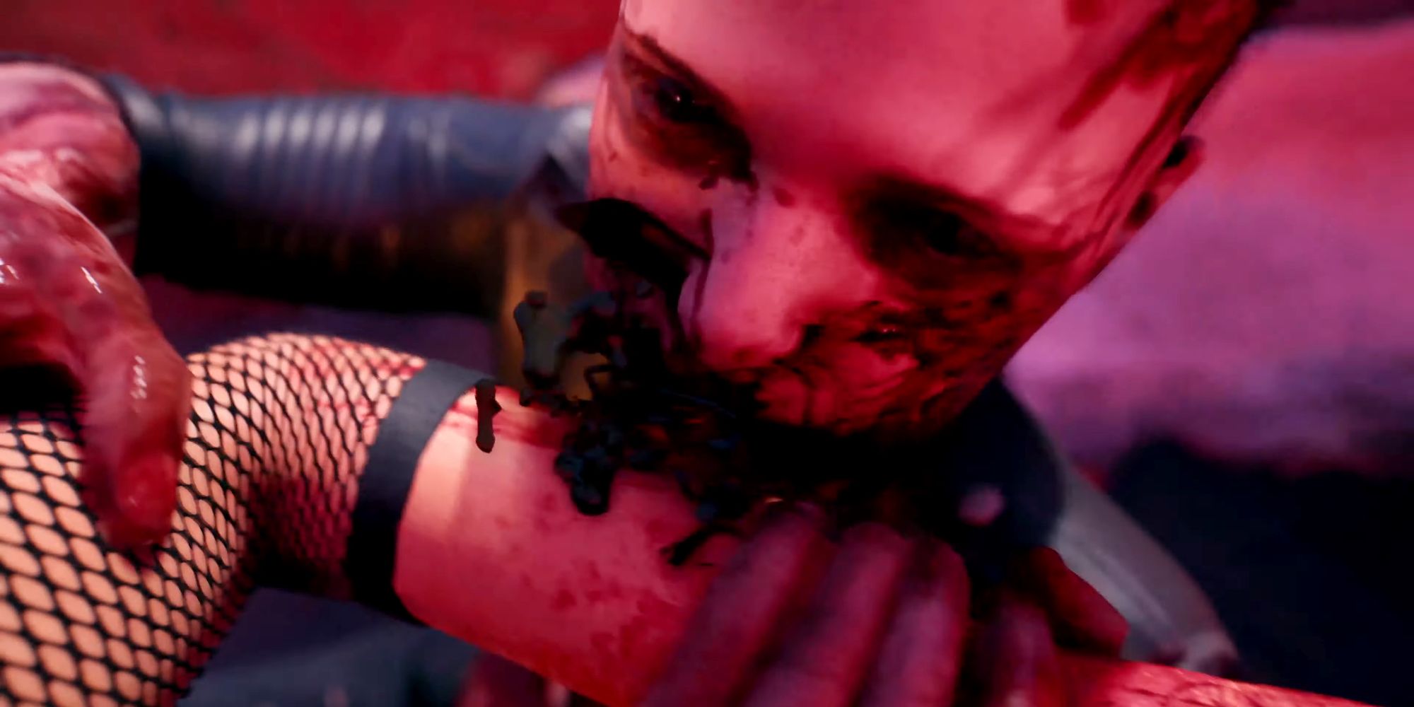 Uma perspectiva em primeira pessoa mostrando o personagem do jogador Dead Island 2 sendo mordido no braço por um zumbi.