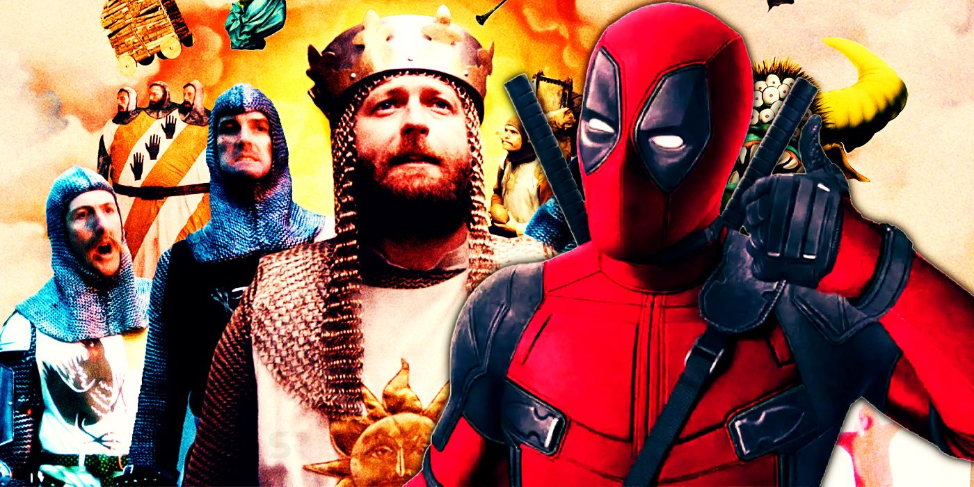 A split image of Deadpool and the cast of Monty Python and the Holy Grail.