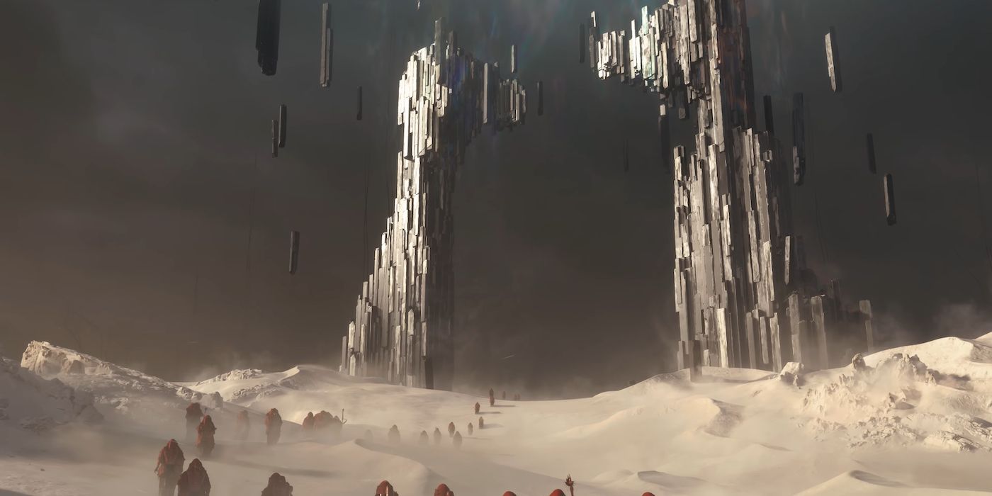 A large otherworldly monument, complete with floating rocks, in a desert from the Death Stranding 2 trailer