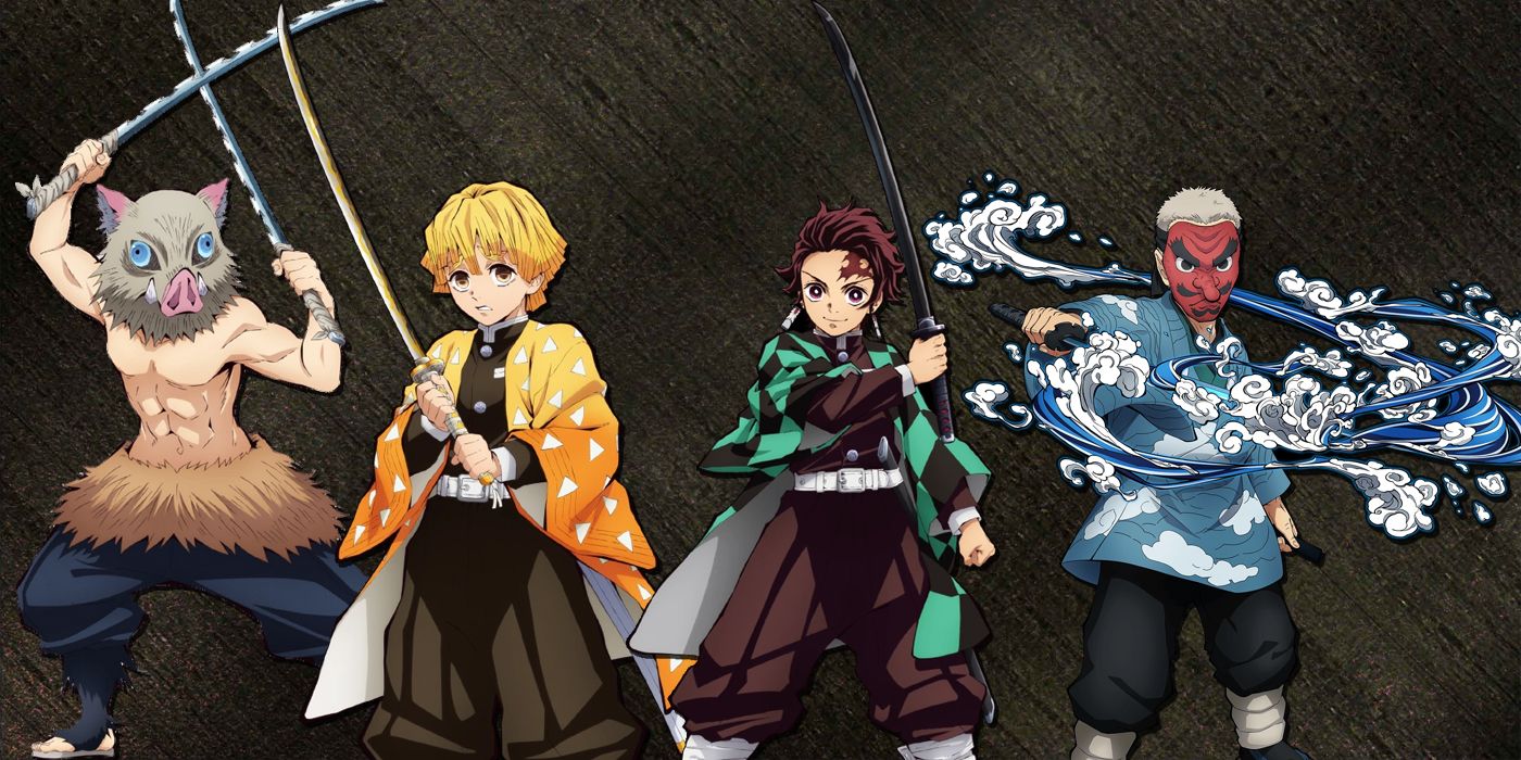 Characters such as Tanjiro from Demon Slayer wielding different colored swords
