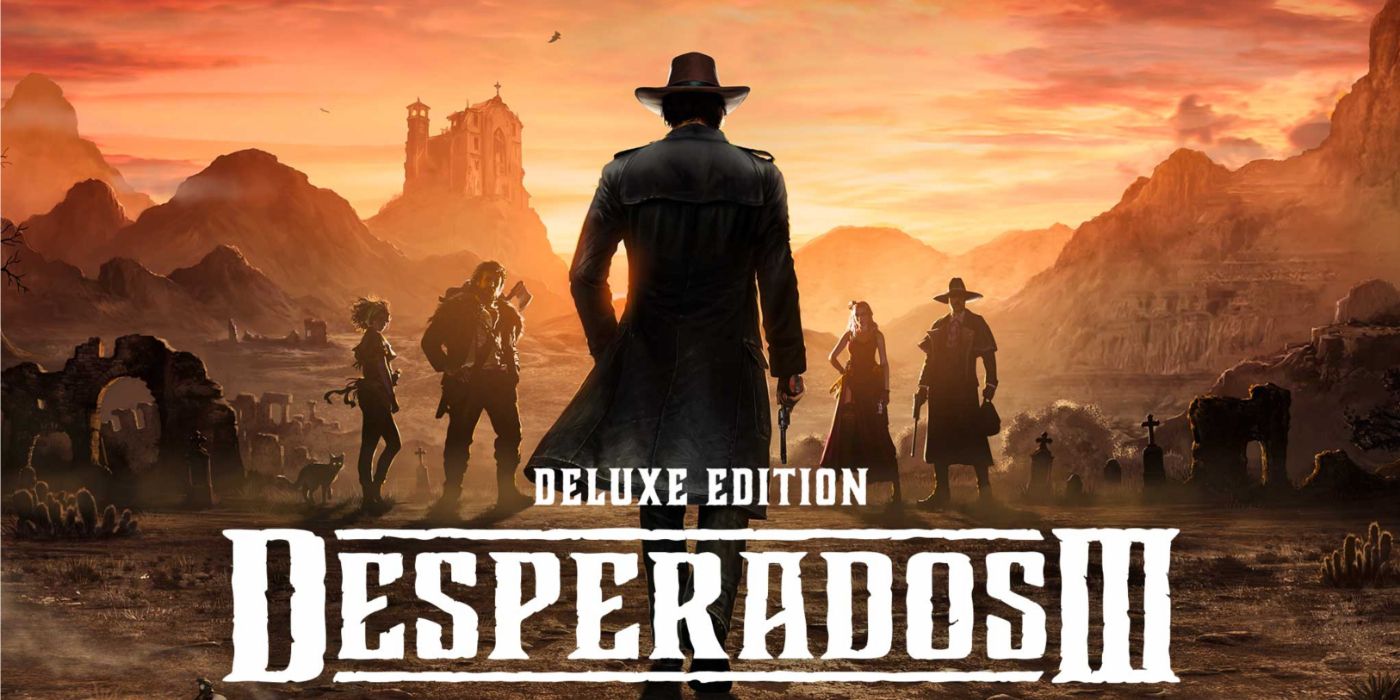 Desperados III promo art with John Cooper facing the sunset and his crew in the background.