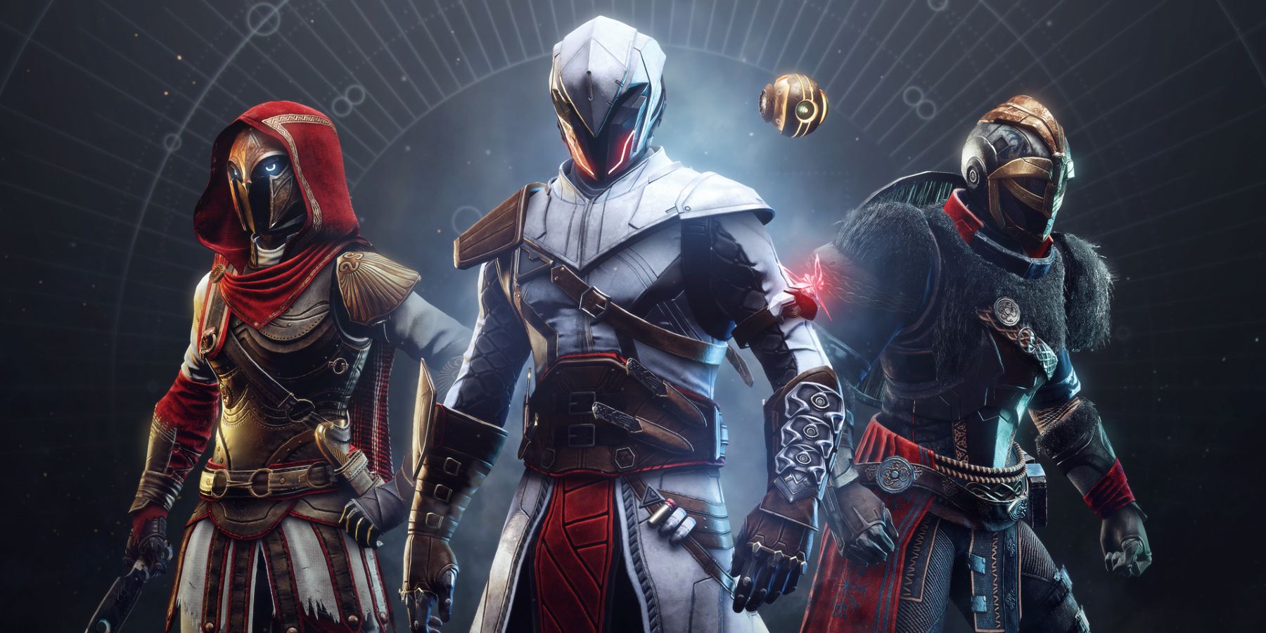 Image of Assassin's Creed Cosmetic Items In Destiny 2 of Altaïr's, Eivor's, and Kassandra's Assassins robes.