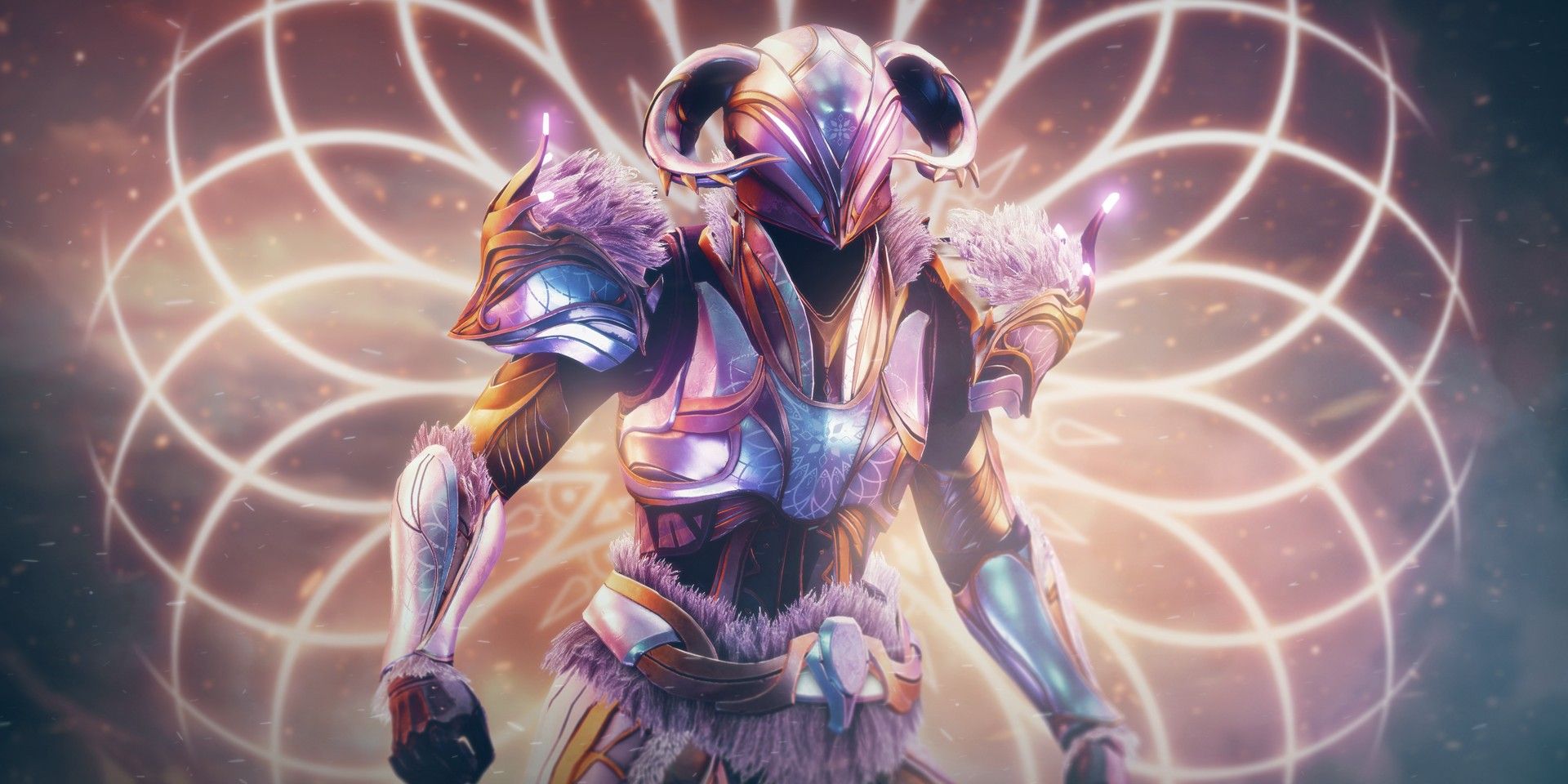 A Destiny 2 Titan-class Guardian in Pruina Luster armor with the symbol of the Dawning event in the background.