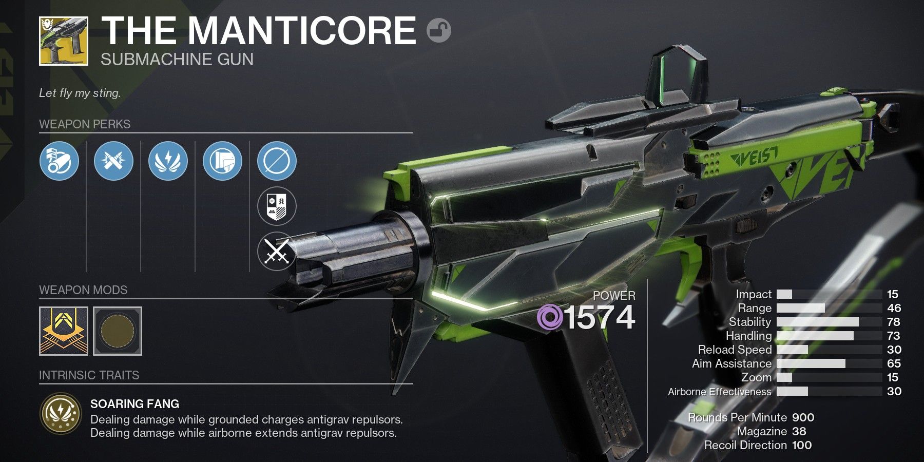 Captura de tela de Destiny 2 The Manticore Exotic SMG Perks Intrinsic Traits