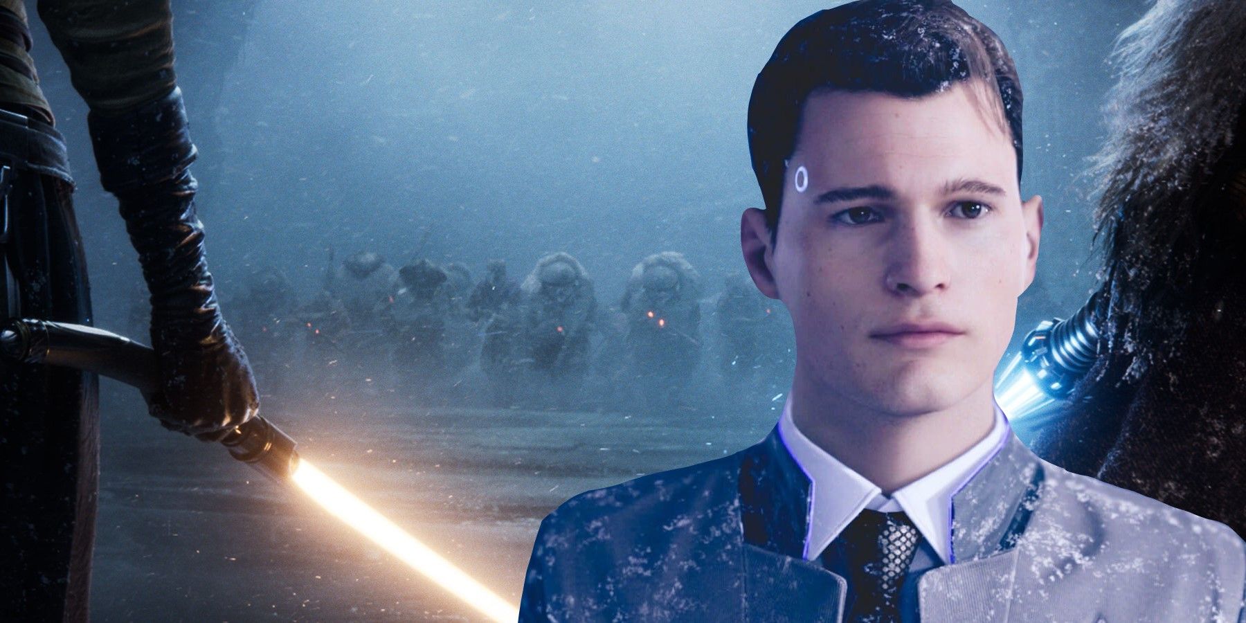 star Wars Eclipse screenshot with two Jedi standing in front of an army, with an image of Connor from Detroit: Become Human superimposed in front of it