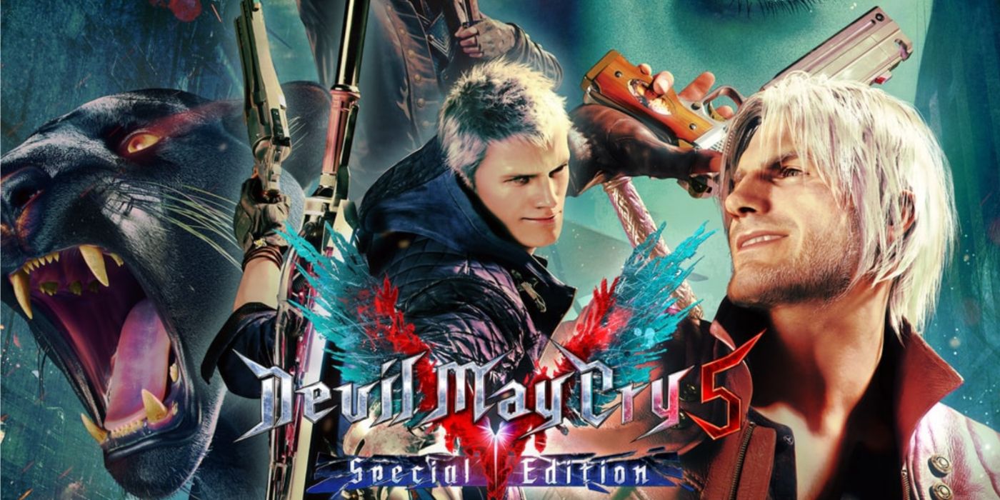 Devil May Cry 5: Art clé de l'édition spéciale avec un collage de la distribution principale dans des poses d'action.
