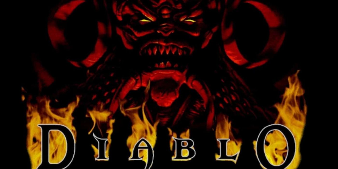 Arte promocional de Diablo com o logotipo e o vilão demoníaco titular.