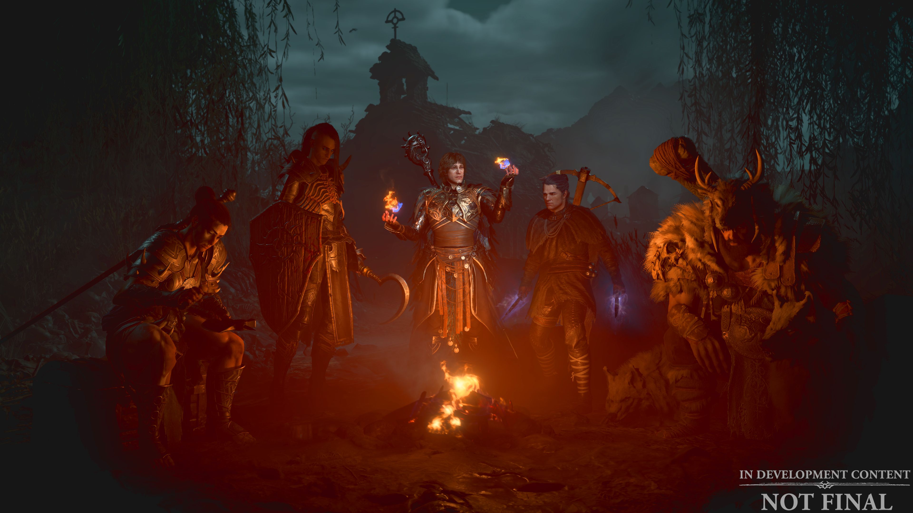 Each of Diablo 4's classes are standing around a campfire with darkness behind them.