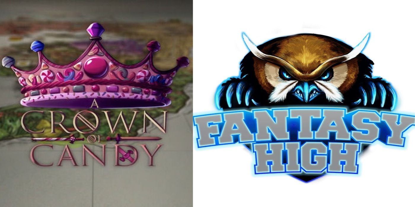 Split image of Dimension 20 logos for A Crown of Candy and Fantasy High