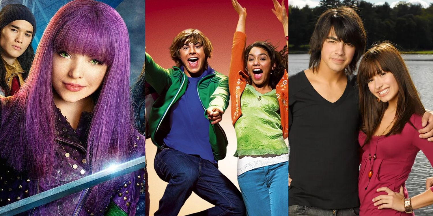 Split Image: Dove Cameron and Booboo Stewart on poster for Descendants 2; Zac Efron and Vanessa Hudgens jump off of a stage on High School Musical poster; Joe Jonas and Demi Lovato embrace and pose on Camp Rock poster