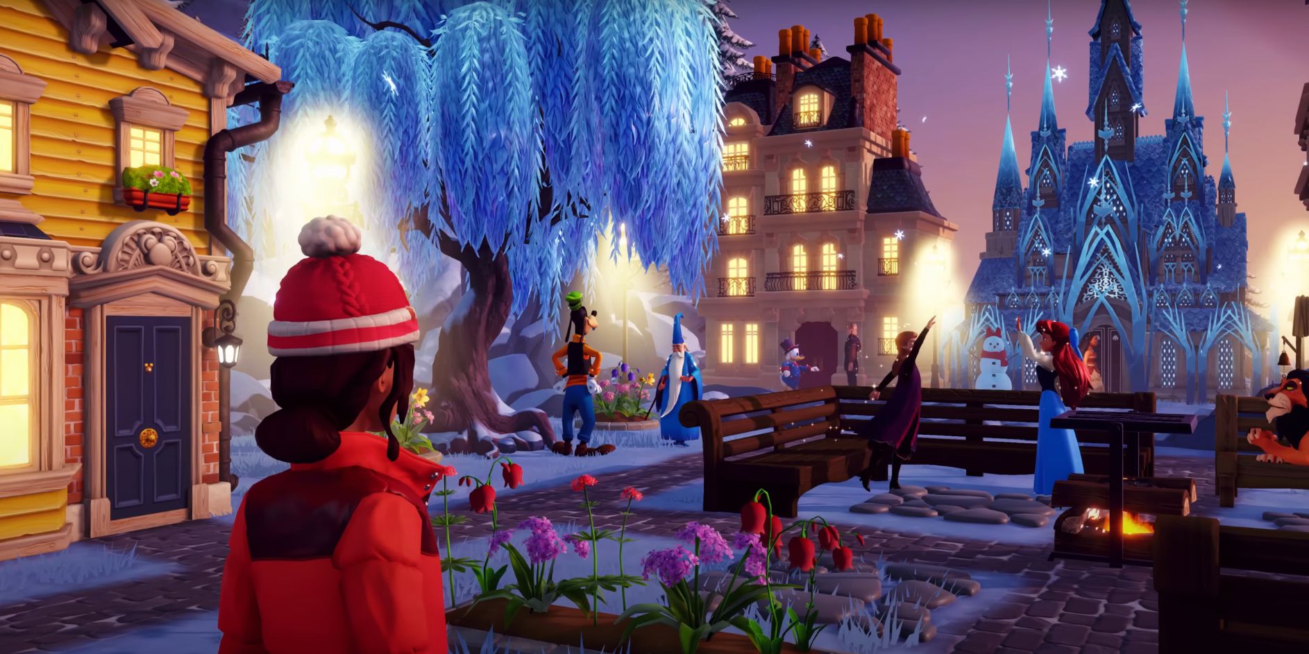 A shot of an Disney Dreamlight Valley's winter themed town from the update trailer.