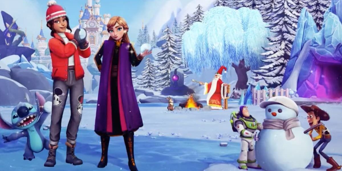 Personagens Disney Dreamlight com Anna, Stitch e Buzz e Woody em uma paisagem de neve