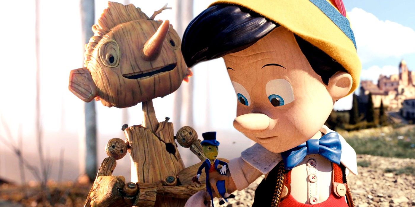 Blended image of the Disney's Pinocchio looking at his hand and Netflix's Pinocchio that is smiling as a more wooden figure
