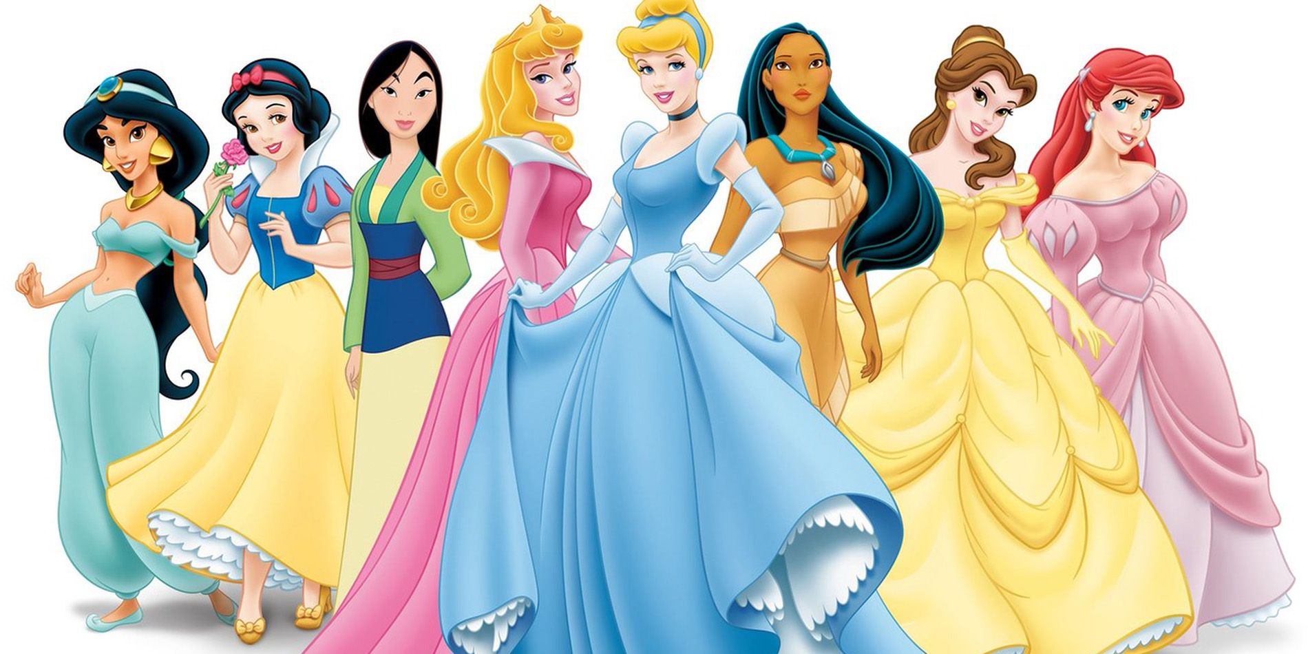 Jasmine, Snow White, Mulan, Sleeping Beauty, Cinderella, Pocohantas, Belle, and Ariel in dresses