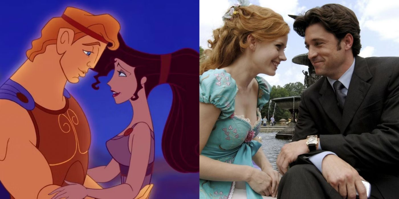 A split image features Hercules and Megara in Disney's animated Hercules alongside Gisele and Robert in the live action Enchanted