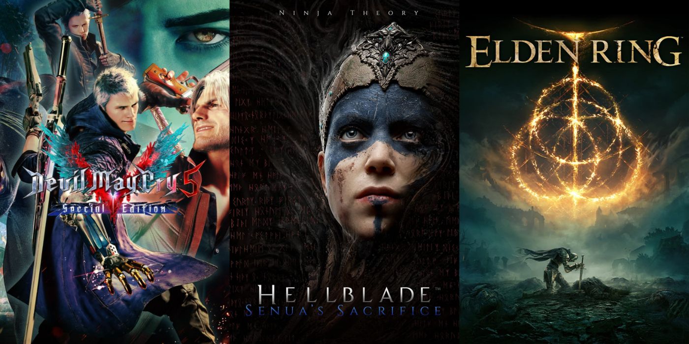 Split image of Devil May Cry 5, Hellblade: Senua's Sacrifice, and Elden Ring.
