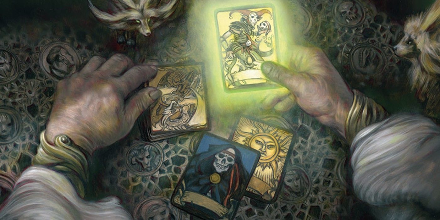 The hands of a Dungeons & Dragons character drawing from the Deck of Many Things. The card they're holding is glowing bright green.