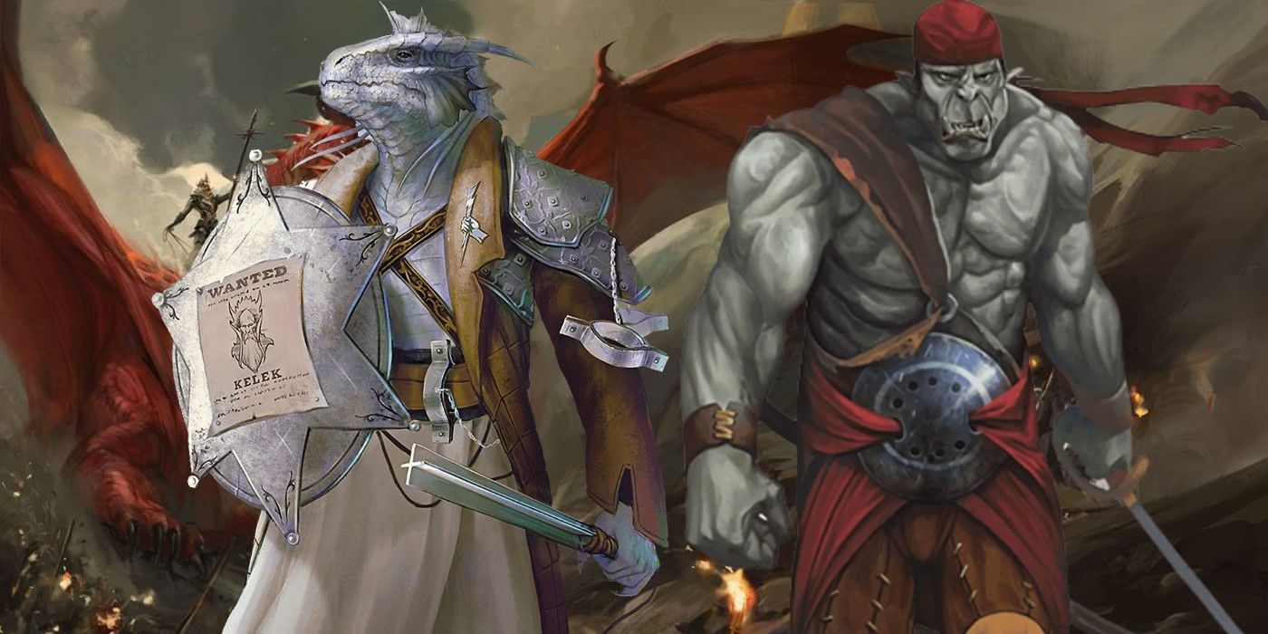 A dragonborn and half-orc from Dungeons & Dragons on a Dragonlance background