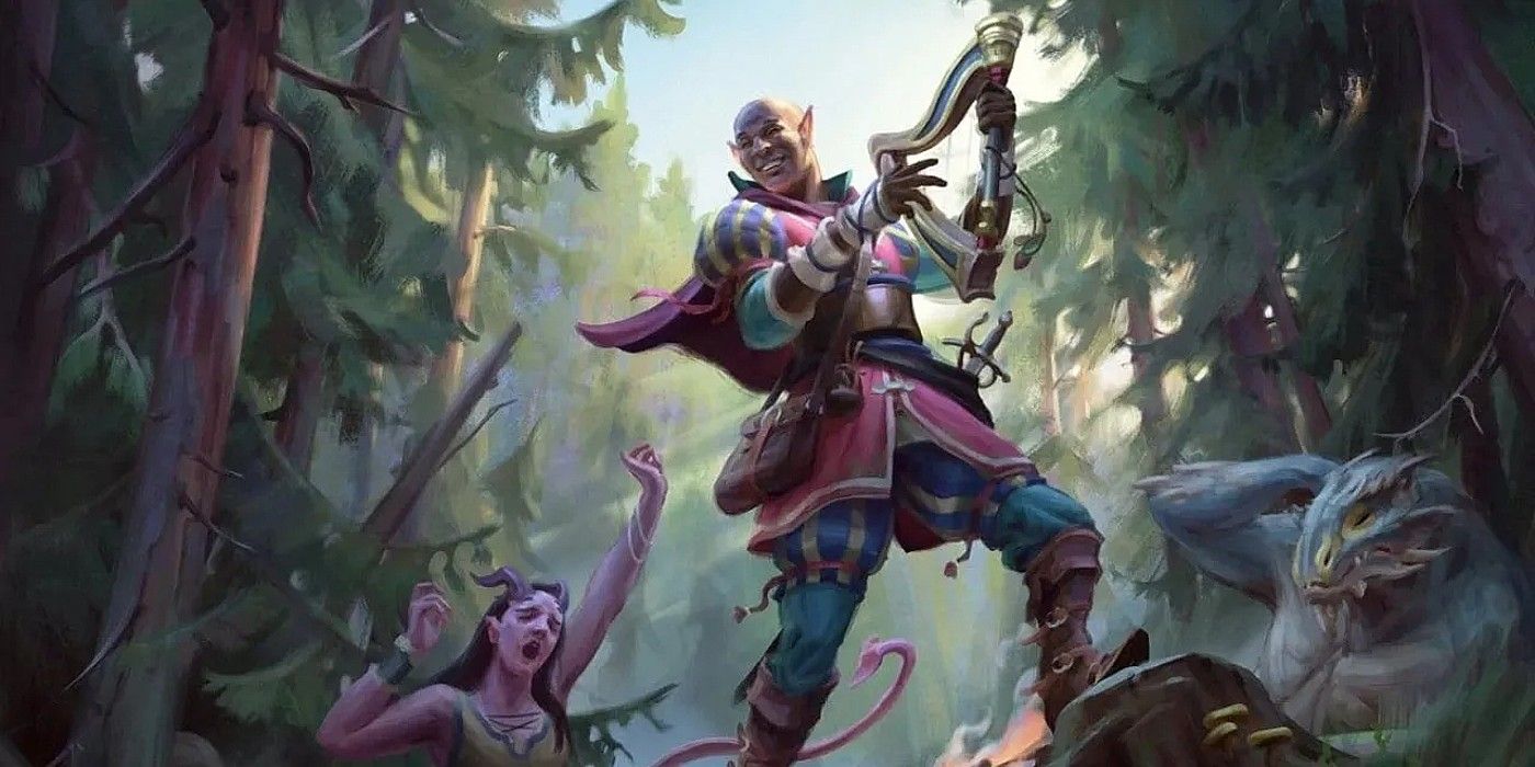 An image of jester-themed bard in Dungeons & Dragons, standing atop a rock in a forest and plucking on a lyre.