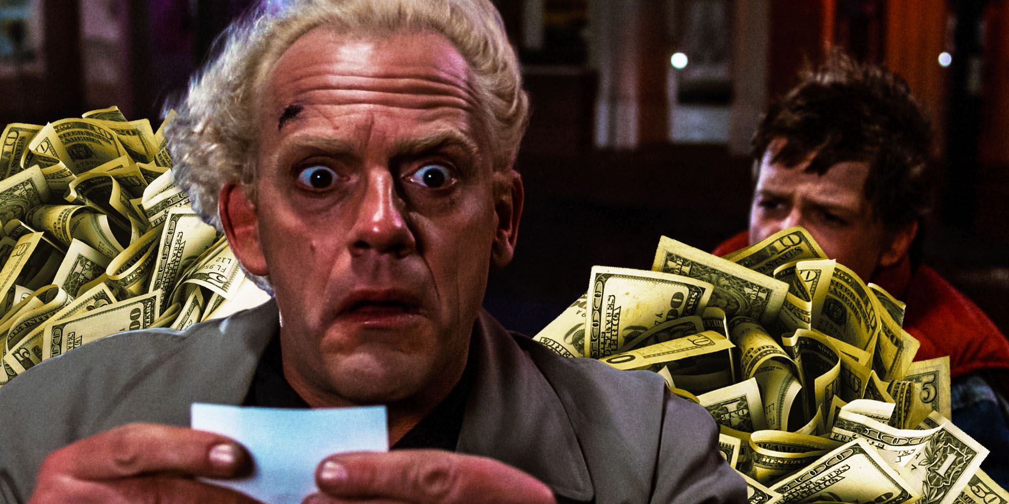 Doc Brown from Back to the Future with images of cash.
