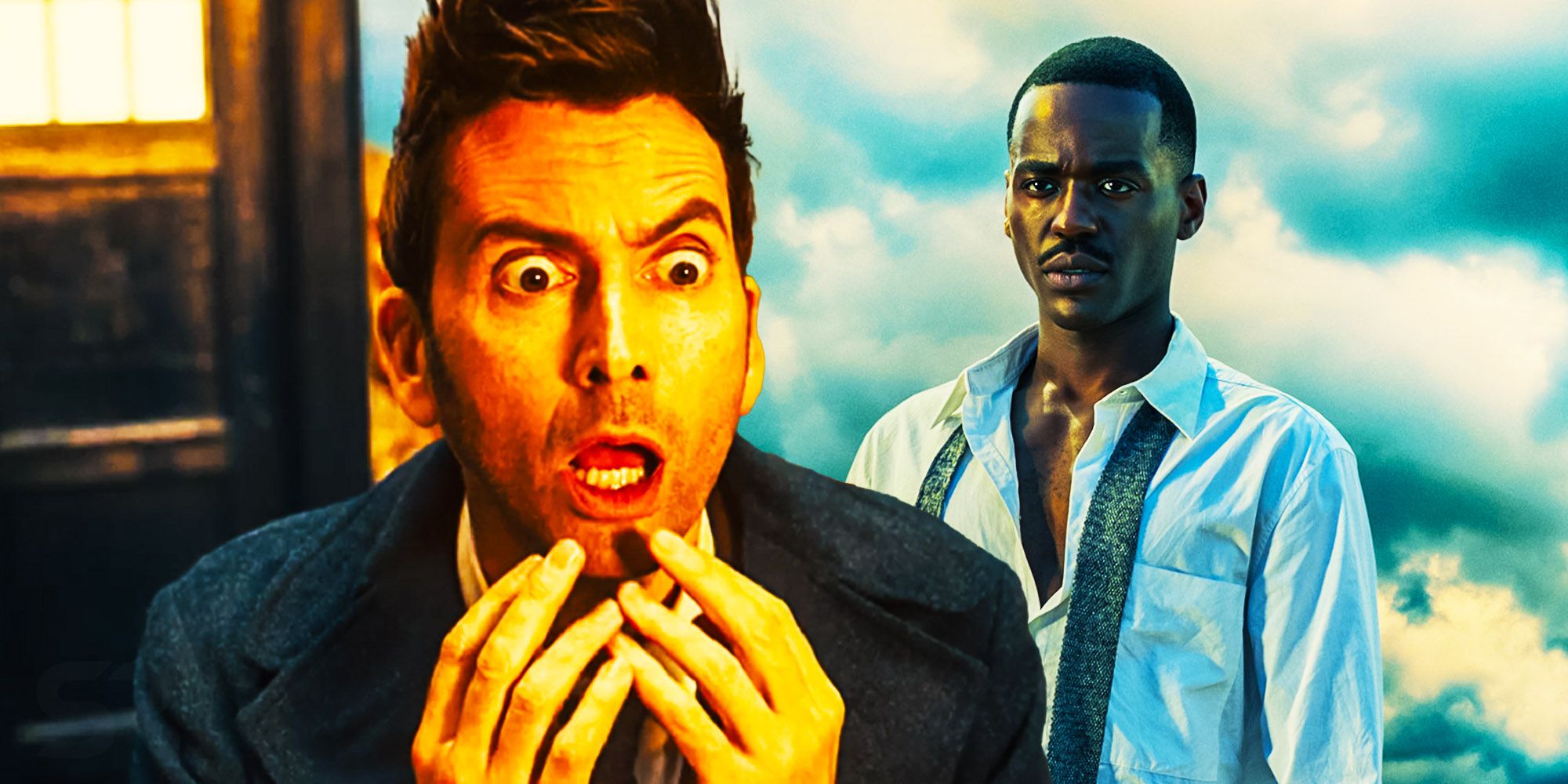 Imagem mesclada do Doutor de David Tennant parecendo chocado e Ncuti apenas olhando inexpressivamente em Doctor Who