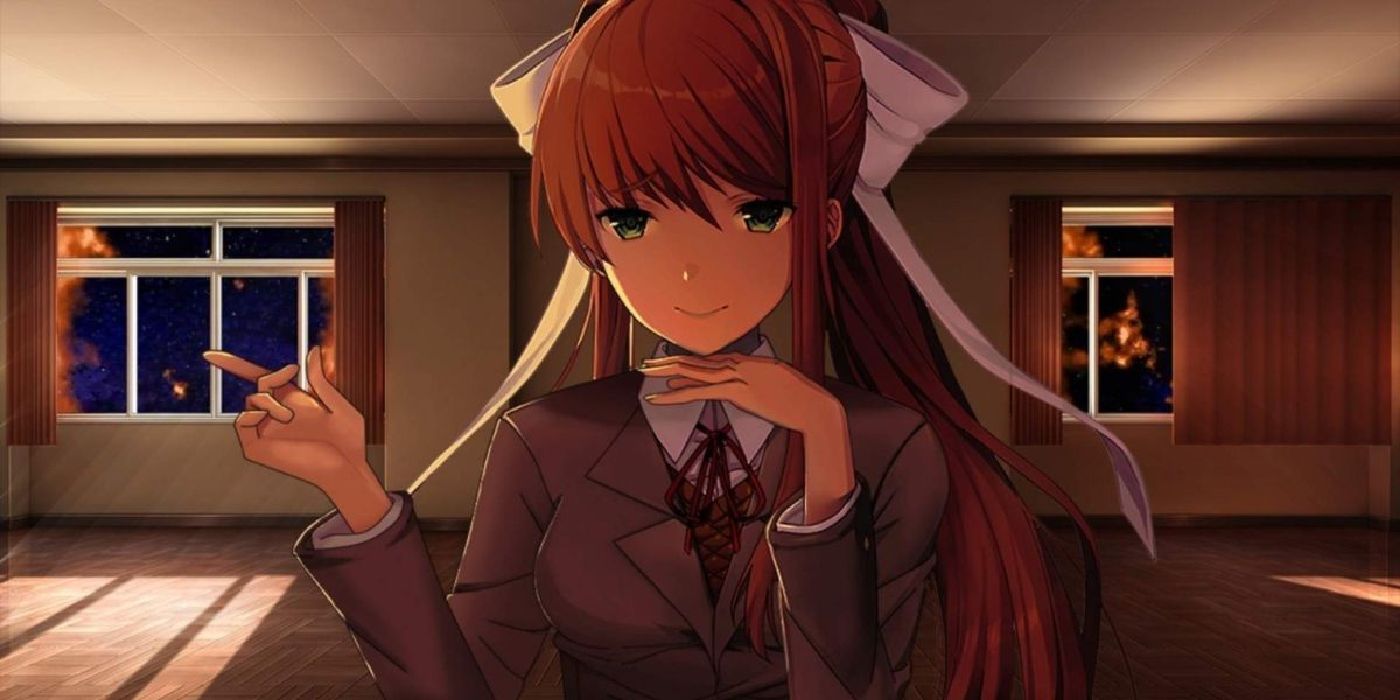 Monica looking at the player closely in DDLC's ending.