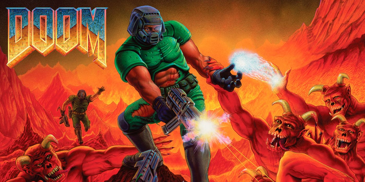 Promotional art for the original DOOM game featuring the DOOM marine facing off against a horde of undead monsters.
