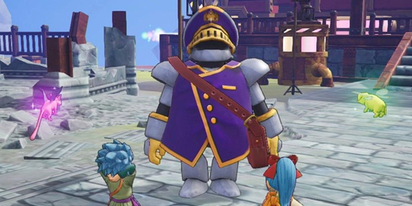 Mr. Euston in Dragon Quest Treasures standing in front of Erik and Mia.