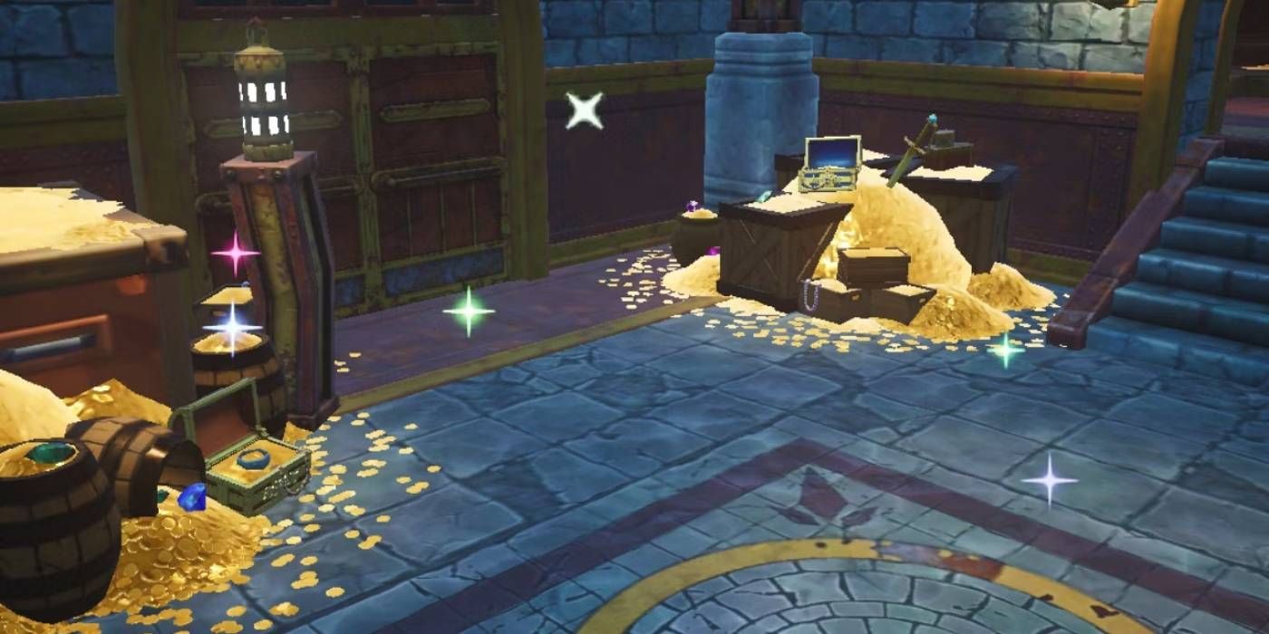 Dragon Quest Treasures Coleção de ouro e tesouros, incluindo alguns de baús azuis e verdes