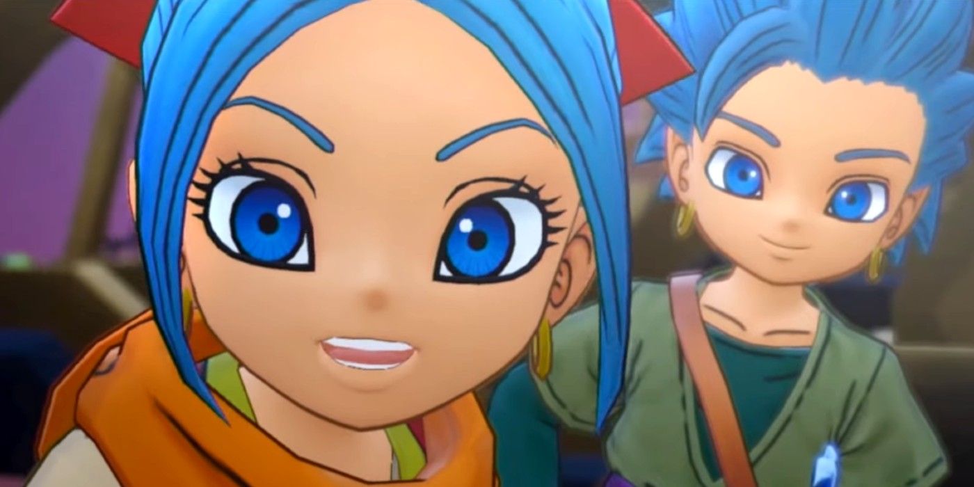 Mia and Erik from Dragon Quest Treasures looking directly at camera