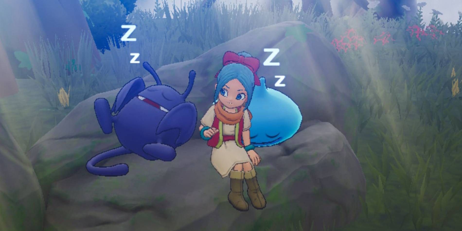 Dragon Quest Treasures Mia with Sleeping Slime and Dracky Monsters Recruited to Party Outside Patternoggin Location